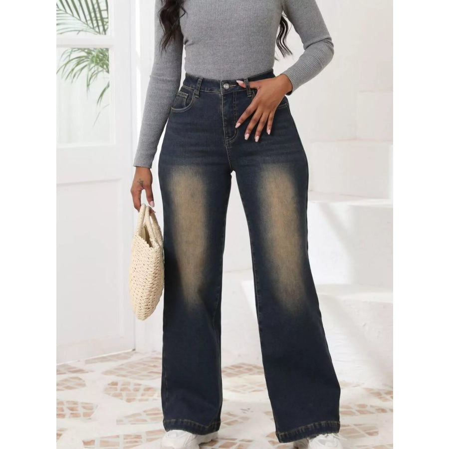 High-Waisted Washed Wide-Leg Jeans Navy Blue / S Apparel and Accessories
