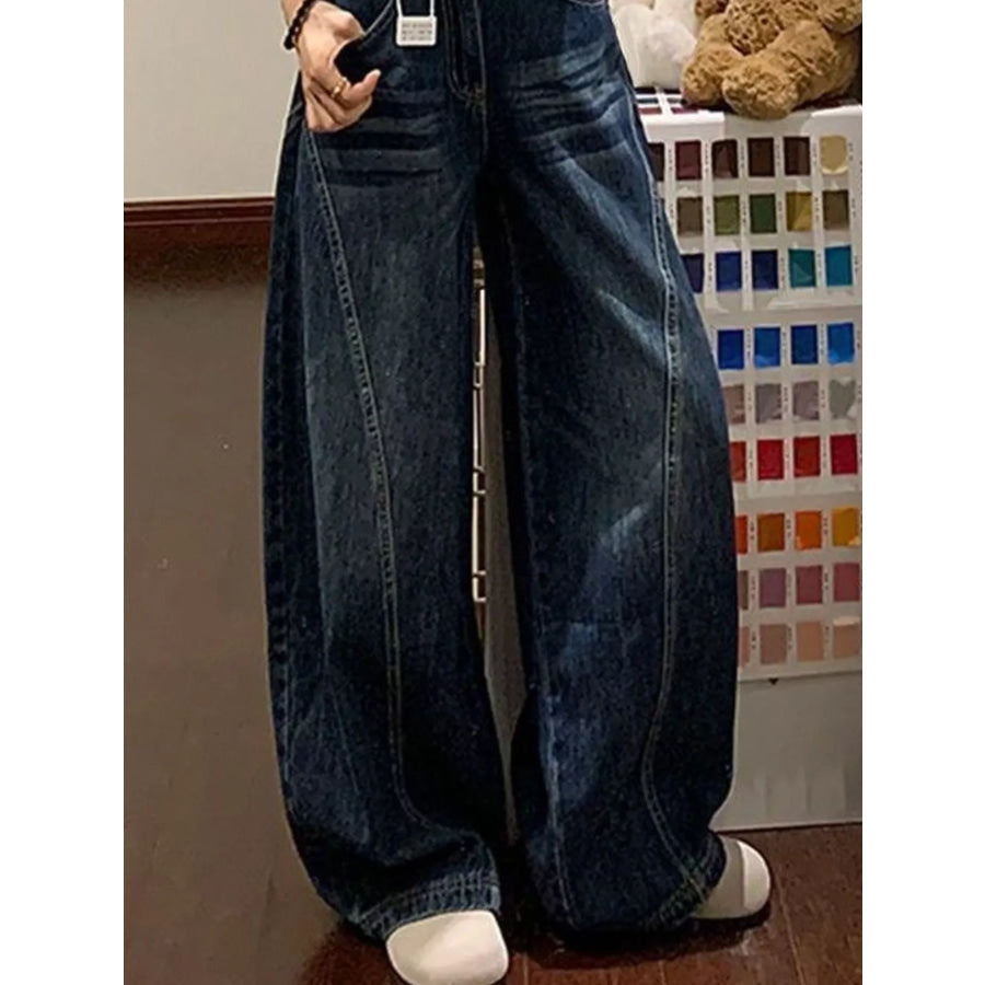 High-Waisted Wide-Leg Asymmetric Seam Vintage Wash Jeans Apparel and Accessories