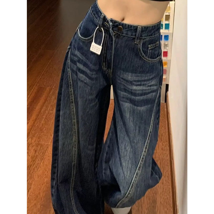 High-Waisted Wide-Leg Asymmetric Seam Vintage Wash Jeans Apparel and Accessories