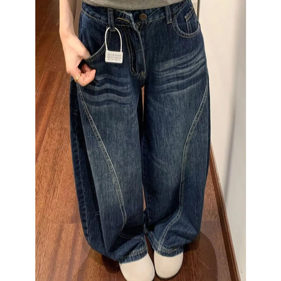 High-Waisted Wide-Leg Asymmetric Seam Vintage Wash Jeans Apparel and Accessories