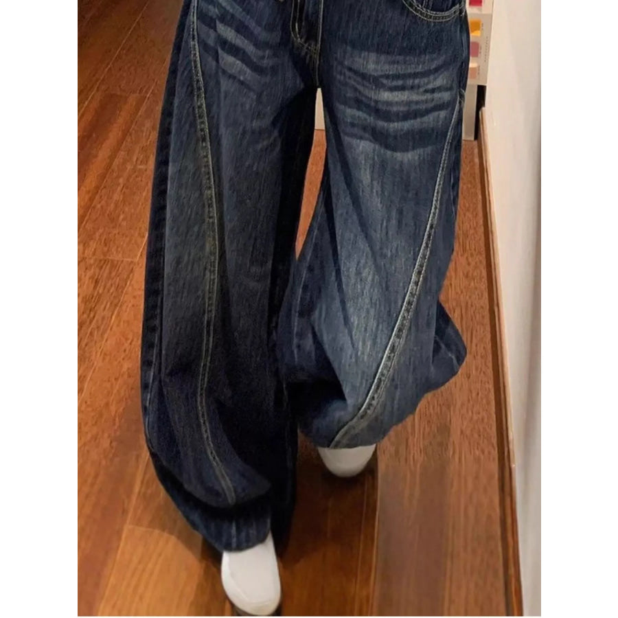 High-Waisted Wide-Leg Asymmetric Seam Vintage Wash Jeans Apparel and Accessories