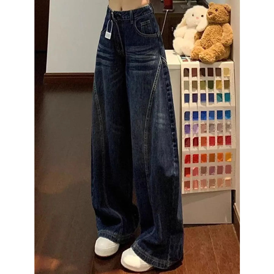 High-Waisted Wide-Leg Asymmetric Seam Vintage Wash Jeans Blue-Fleece-lined-Thickened / XS Apparel and Accessories