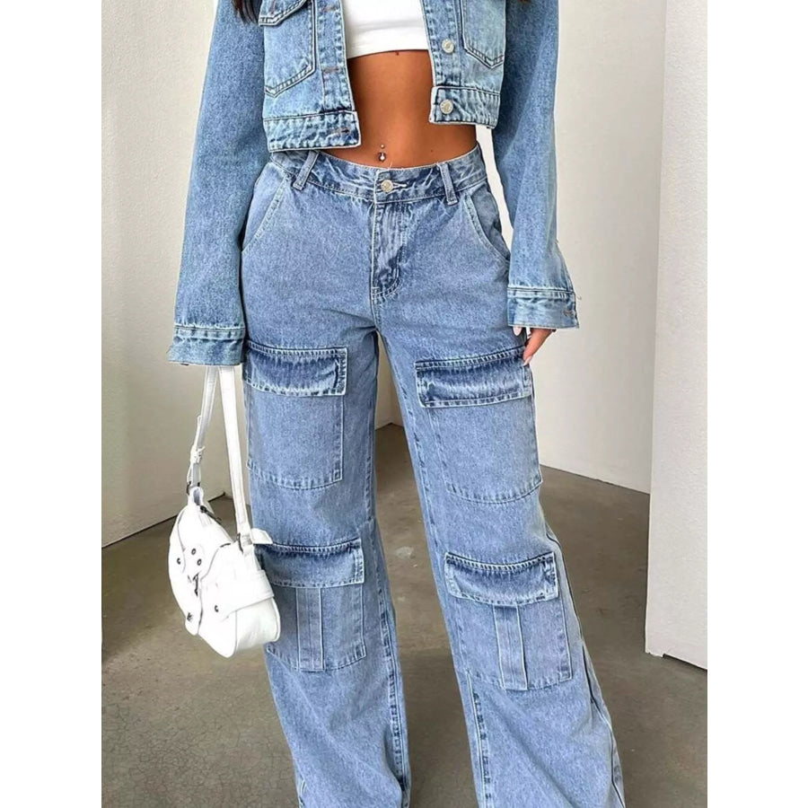 High-Waisted Wide-Leg Cargo Jeans Blue / S Apparel and Accessories