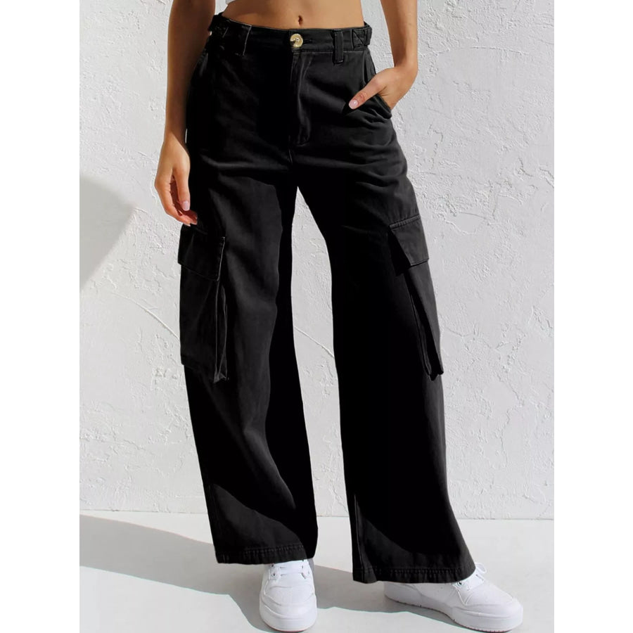 High-Waisted Wide Leg Cargo Jeans Black / S Apparel and Accessories