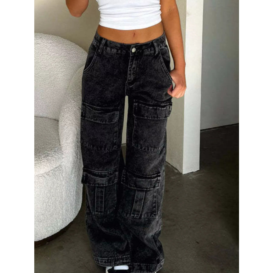 High-Waisted Wide-Leg Cargo Jeans Black / S Apparel and Accessories