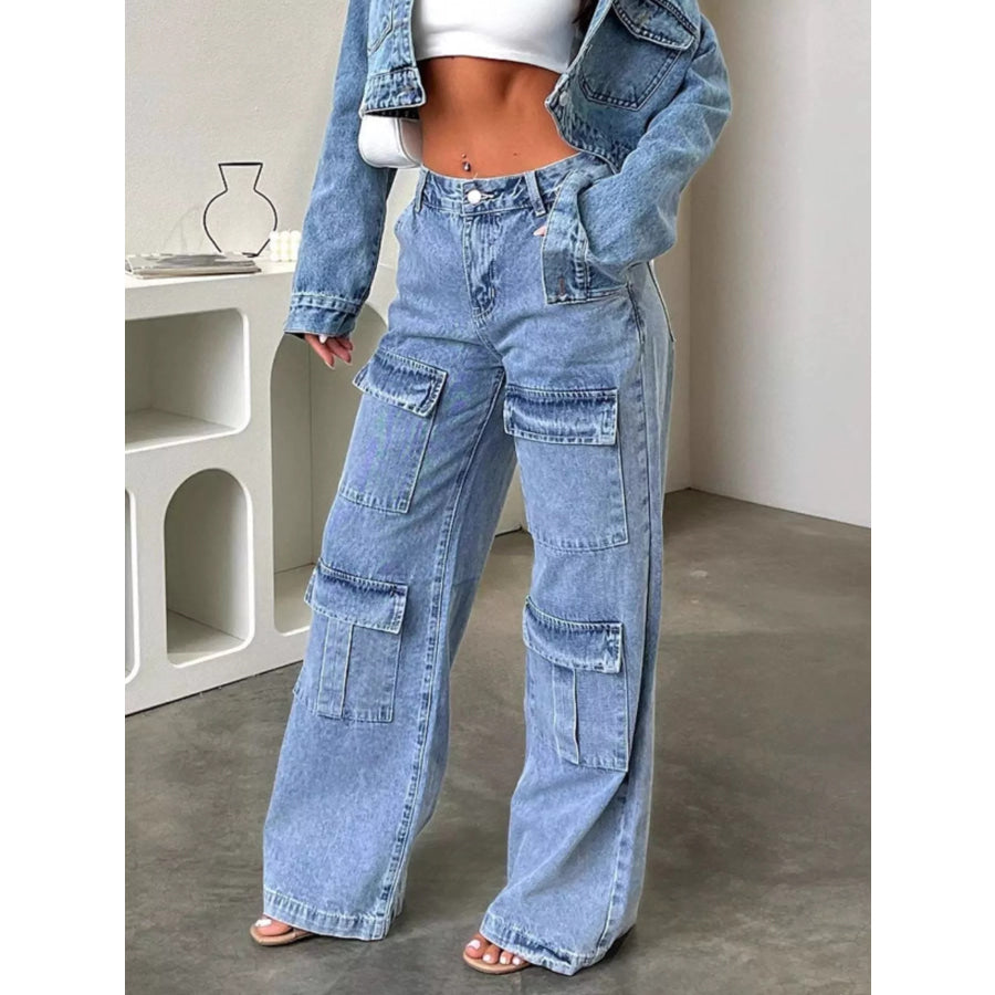 High-Waisted Wide-Leg Cargo Jeans Blue / S Apparel and Accessories