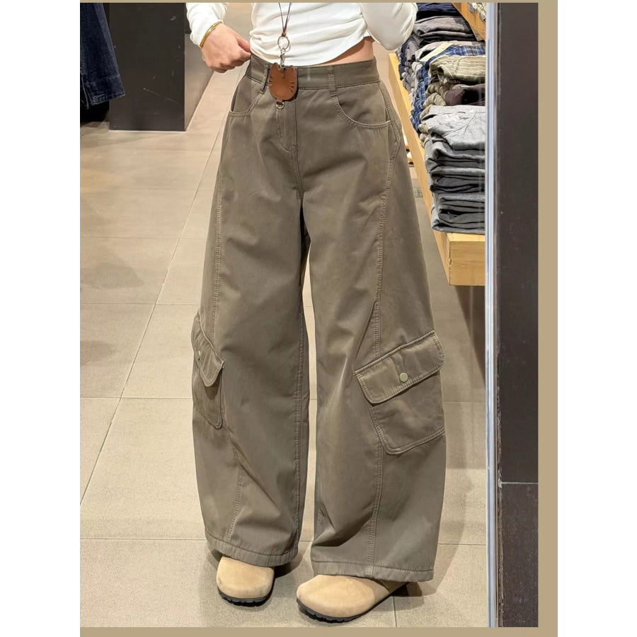 High-Waisted Wide-Leg Cargo Jeans Gray Green / S Apparel and Accessories
