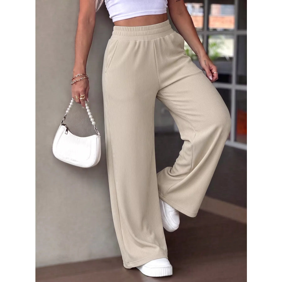 High-Waisted Wide-Leg Casual Pants with Elastic Waistband Apparel and Accessories