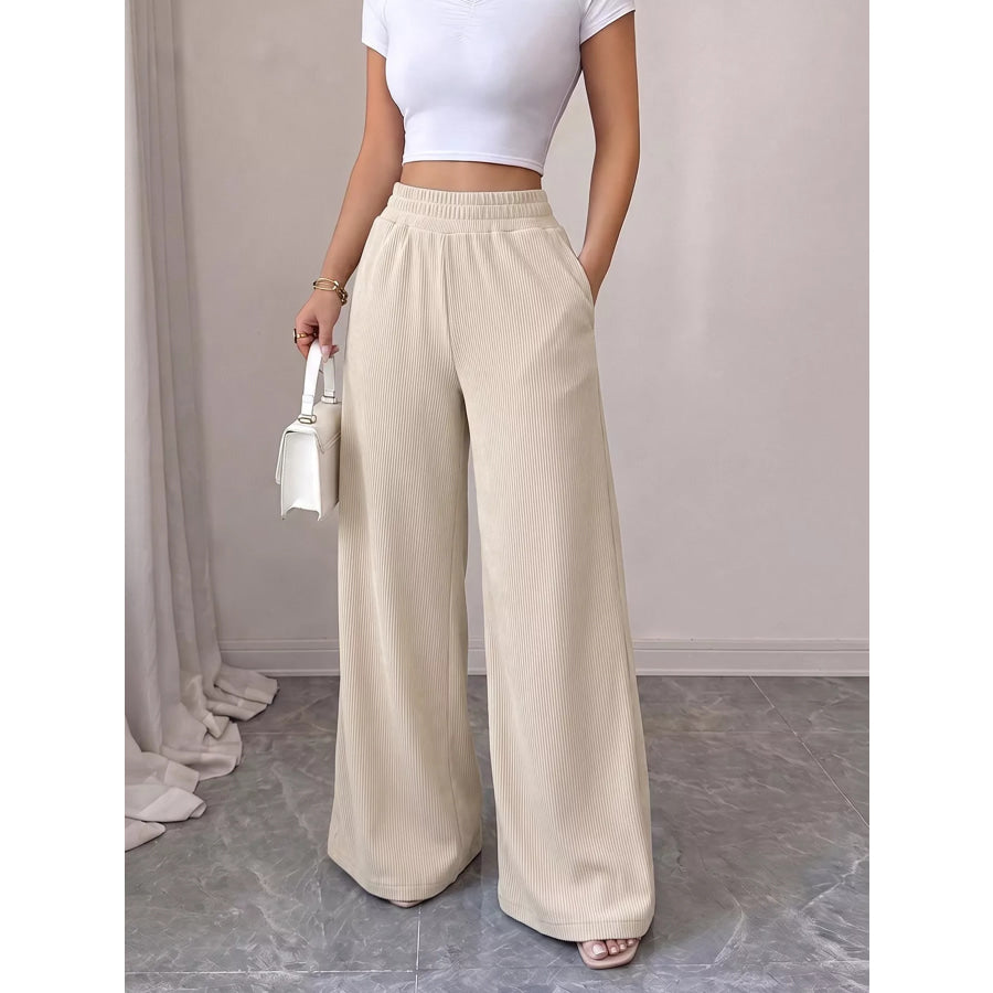 High-Waisted Wide-Leg Casual Pants with Elastic Waistband Apricot / S Apparel and Accessories