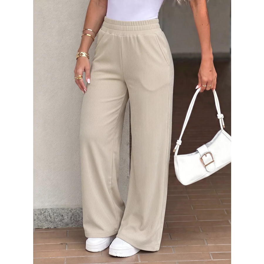 High-Waisted Wide-Leg Casual Pants with Elastic Waistband Apparel and Accessories