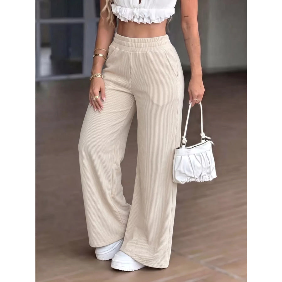 High-Waisted Wide-Leg Casual Pants with Elastic Waistband Apricot / S Apparel and Accessories