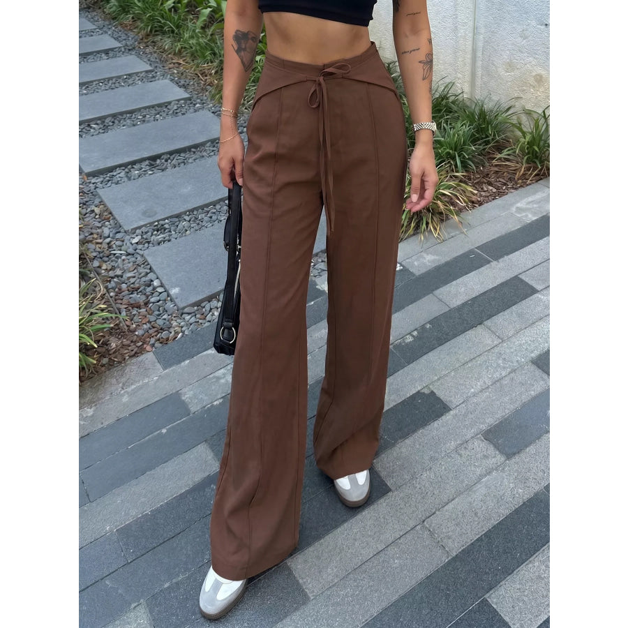 High-Waisted Wide-Leg Drawstring Pants Brown / S Apparel and Accessories