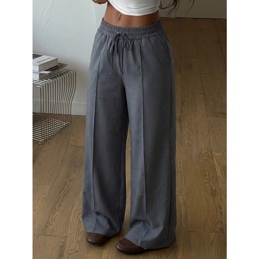 High-Waisted Wide-Leg Drawstring Pants Dark Gray / S Apparel and Accessories