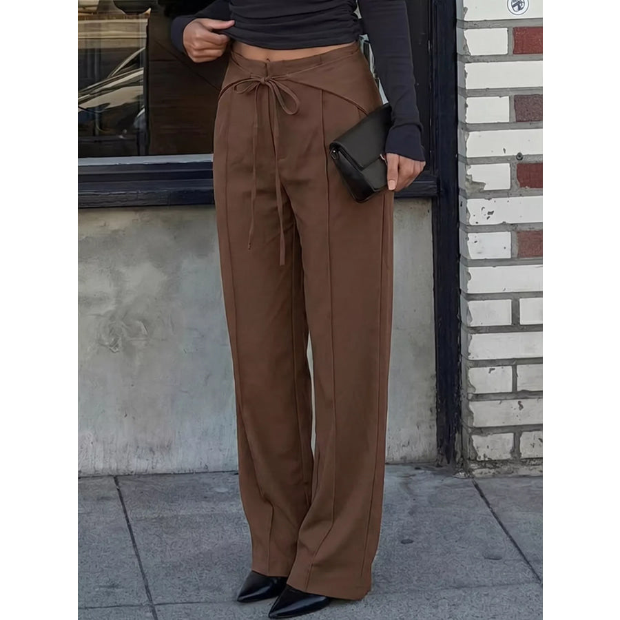 High-Waisted Wide-Leg Drawstring Pants Brown / S Apparel and Accessories