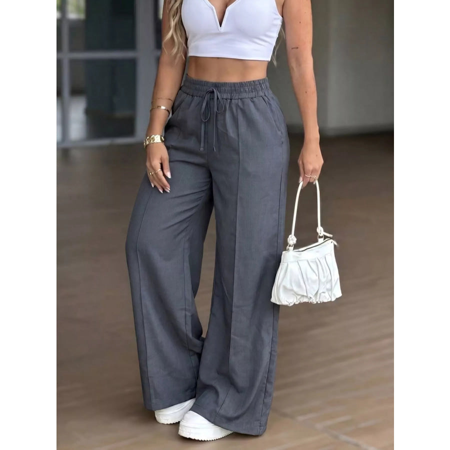 High-Waisted Wide-Leg Drawstring Pants Dark Gray / S Apparel and Accessories