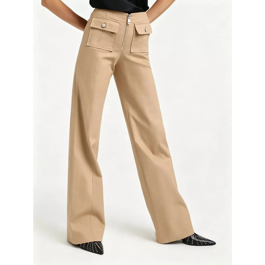 High-Waisted Wide-Leg Front Zip Pants Khaki / S Apparel and Accessories