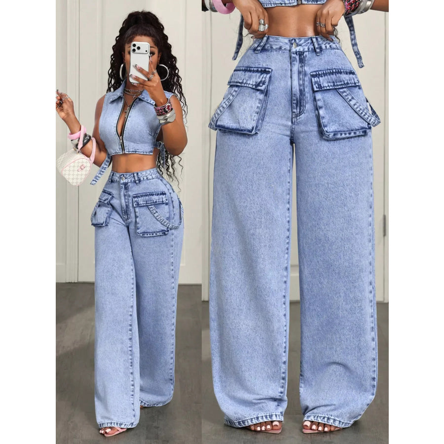 High-Waisted Wide-Leg Jeans Blue / S（26） Apparel and Accessories