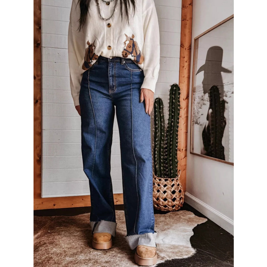 High-Waisted Wide Leg Jeans Dark Blue / S Apparel and Accessories