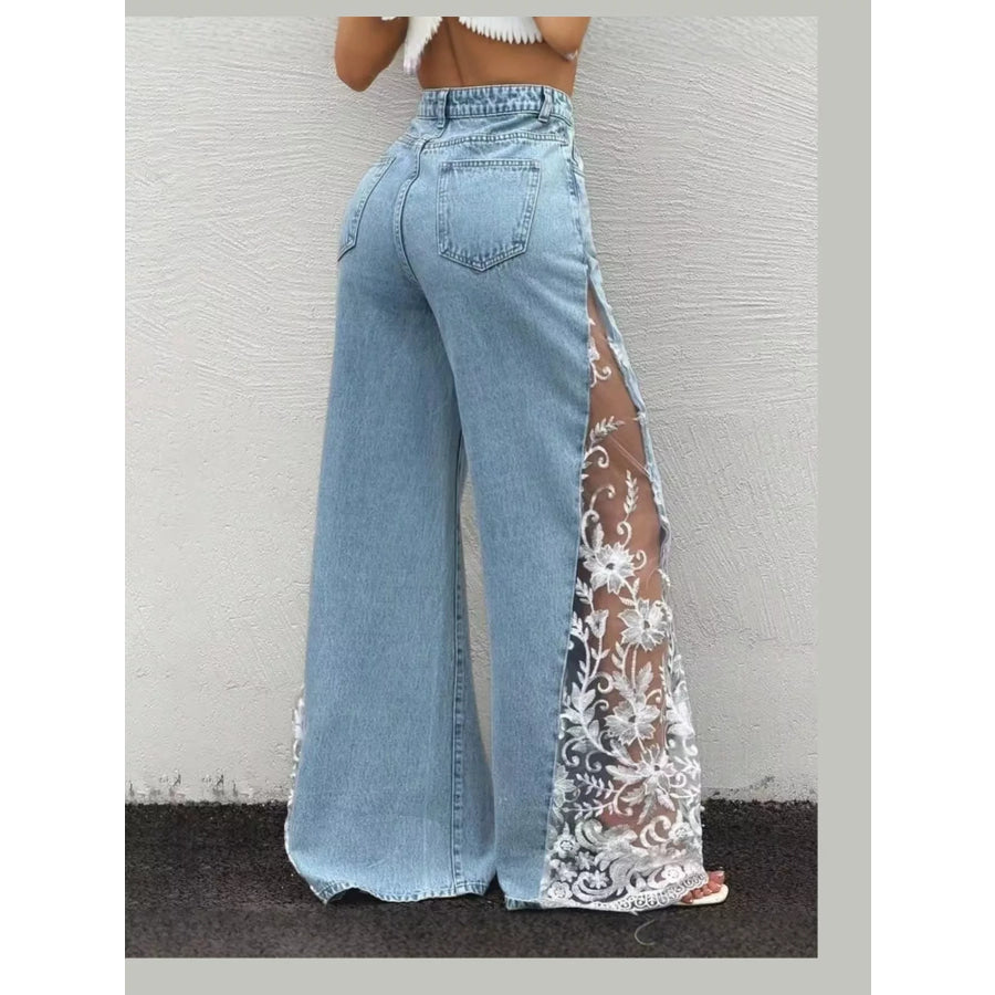 High-Waisted Wide-Leg Jeans with Sheer Floral Lace Side Panels Apparel and Accessories