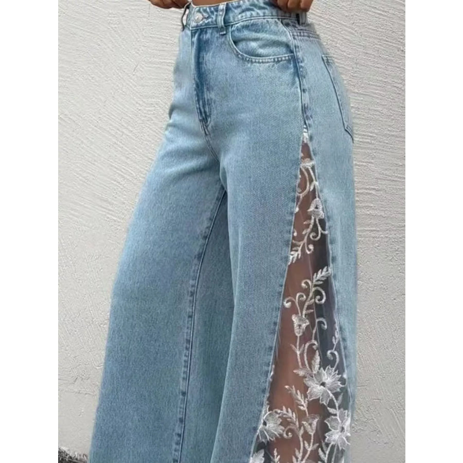 High-Waisted Wide-Leg Jeans with Sheer Floral Lace Side Panels Blue / S Apparel and Accessories