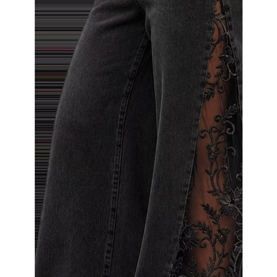 High-Waisted Wide-Leg Jeans with Sheer Floral Lace Side Panels Apparel and Accessories