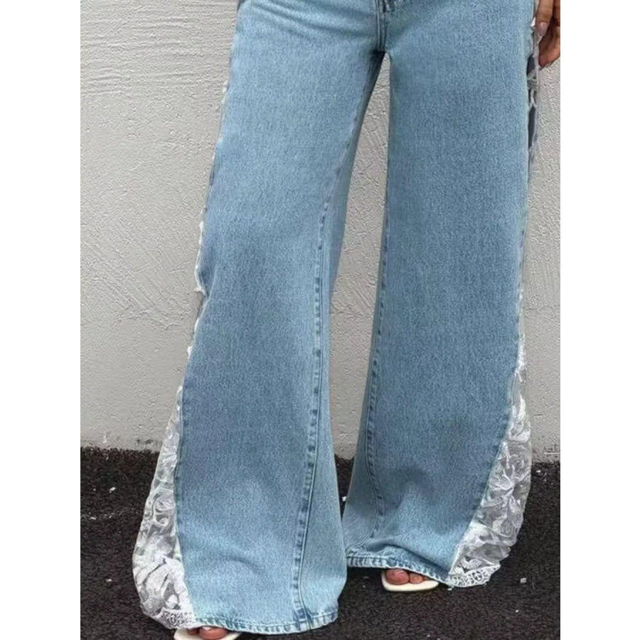High-Waisted Wide-Leg Jeans with Sheer Floral Lace Side Panels Apparel and Accessories