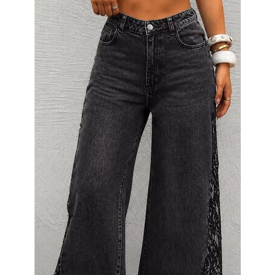 High-Waisted Wide-Leg Jeans with Sheer Floral Lace Side Panels Apparel and Accessories