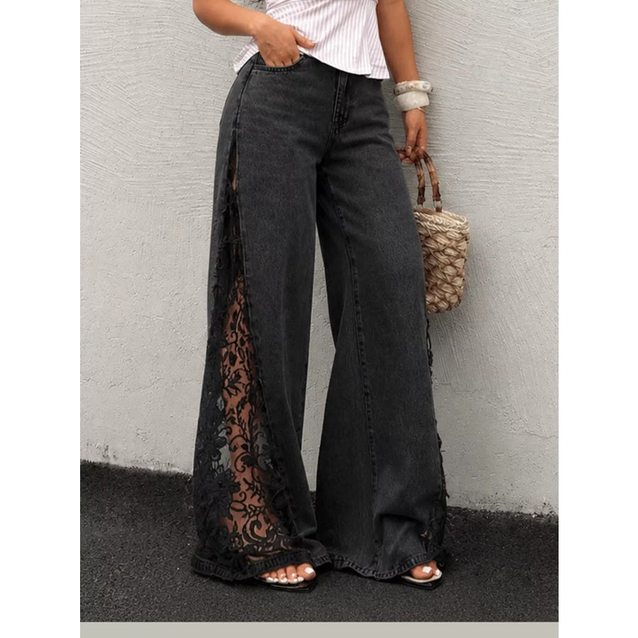 High-Waisted Wide-Leg Jeans with Sheer Floral Lace Side Panels Black / S Apparel and Accessories