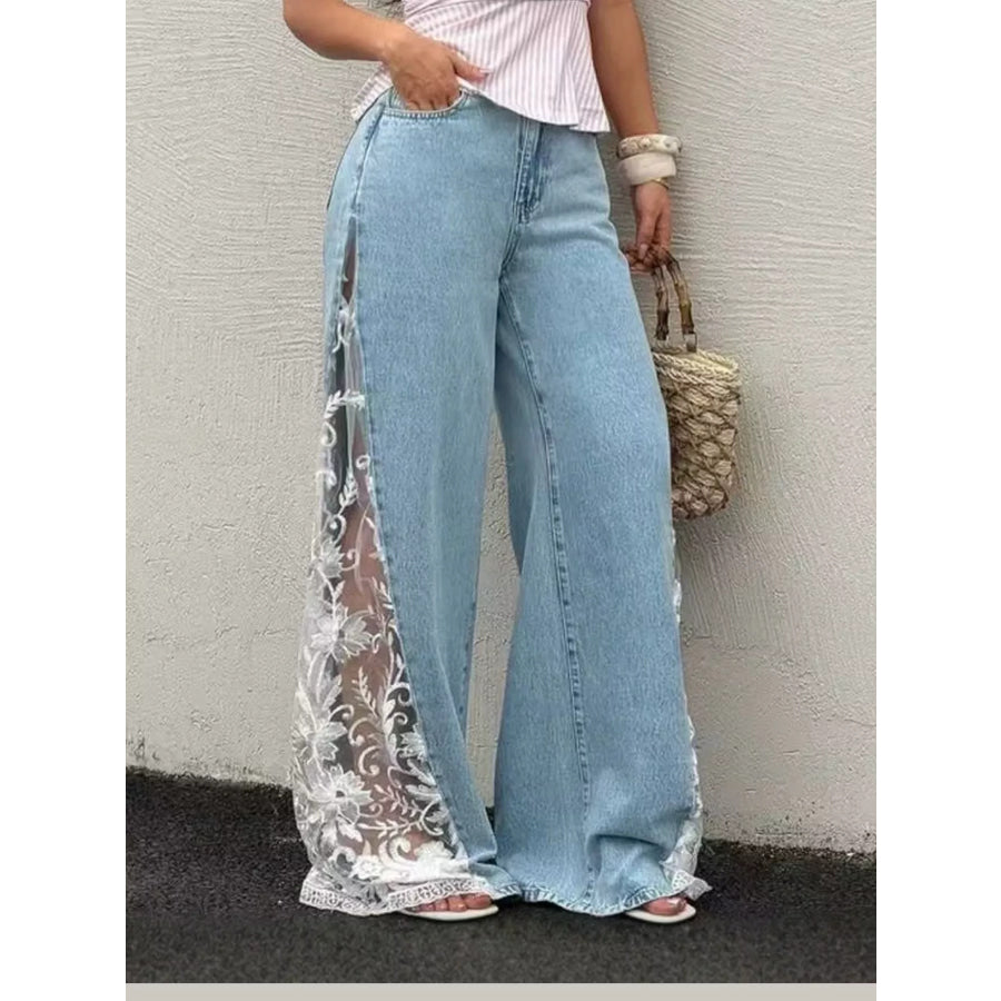 High-Waisted Wide-Leg Jeans with Sheer Floral Lace Side Panels Blue / S Apparel and Accessories