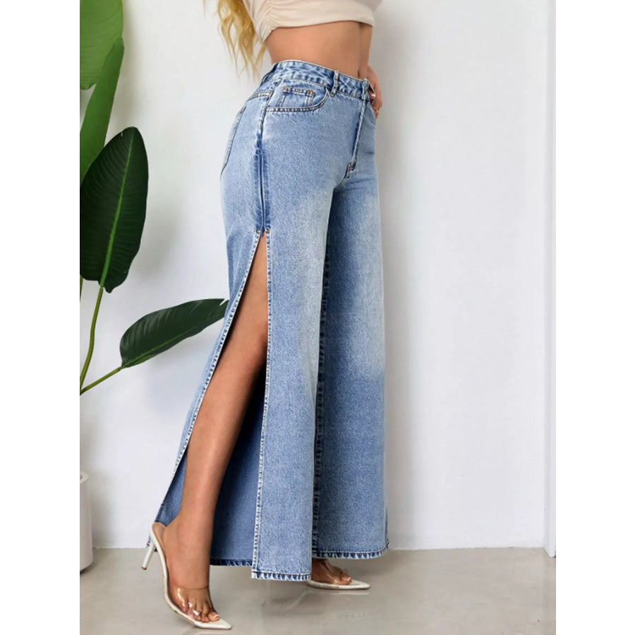 High-Waisted Wide-Leg Jeans with Side Slits Apparel and Accessories