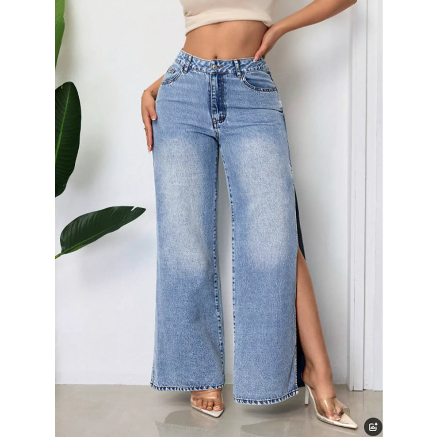 High-Waisted Wide-Leg Jeans with Side Slits Blue / S Apparel and Accessories