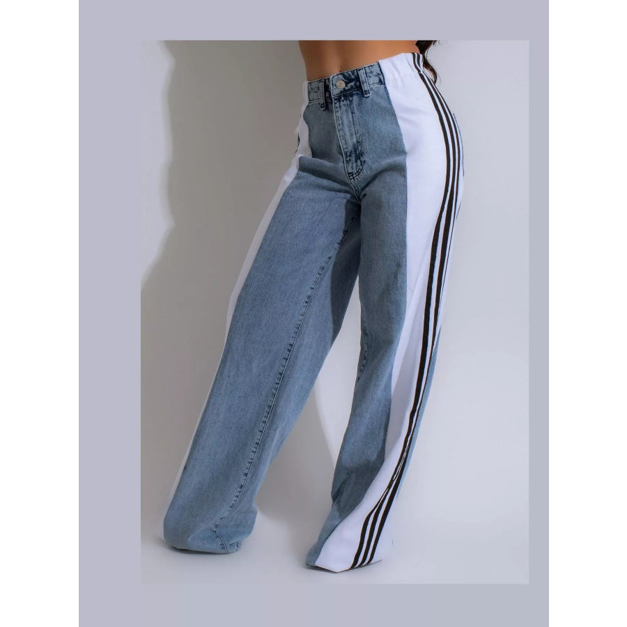 High-Waisted Wide-Leg Jeans with Side Stripe Detail Apparel and Accessories