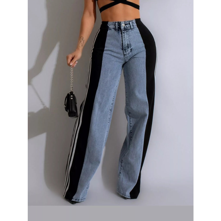 High-Waisted Wide-Leg Jeans with Side Stripe Detail Black / S Apparel and Accessories