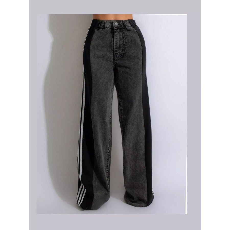 High-Waisted Wide-Leg Jeans with Side Stripe Detail Dark Gray / S Apparel and Accessories