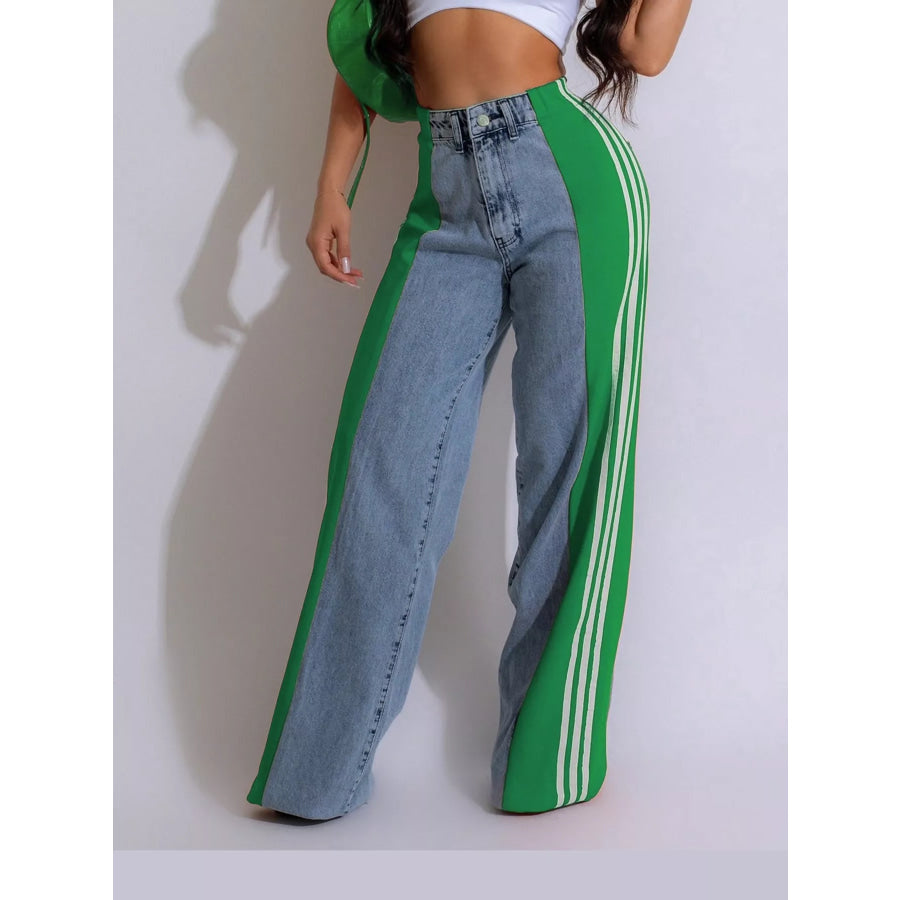 High-Waisted Wide-Leg Jeans with Side Stripe Detail Green / S Apparel and Accessories