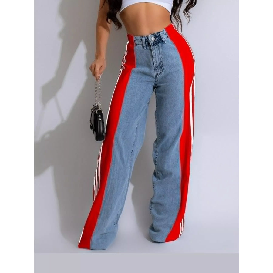 High-Waisted Wide-Leg Jeans with Side Stripe Detail Red / S Apparel and Accessories