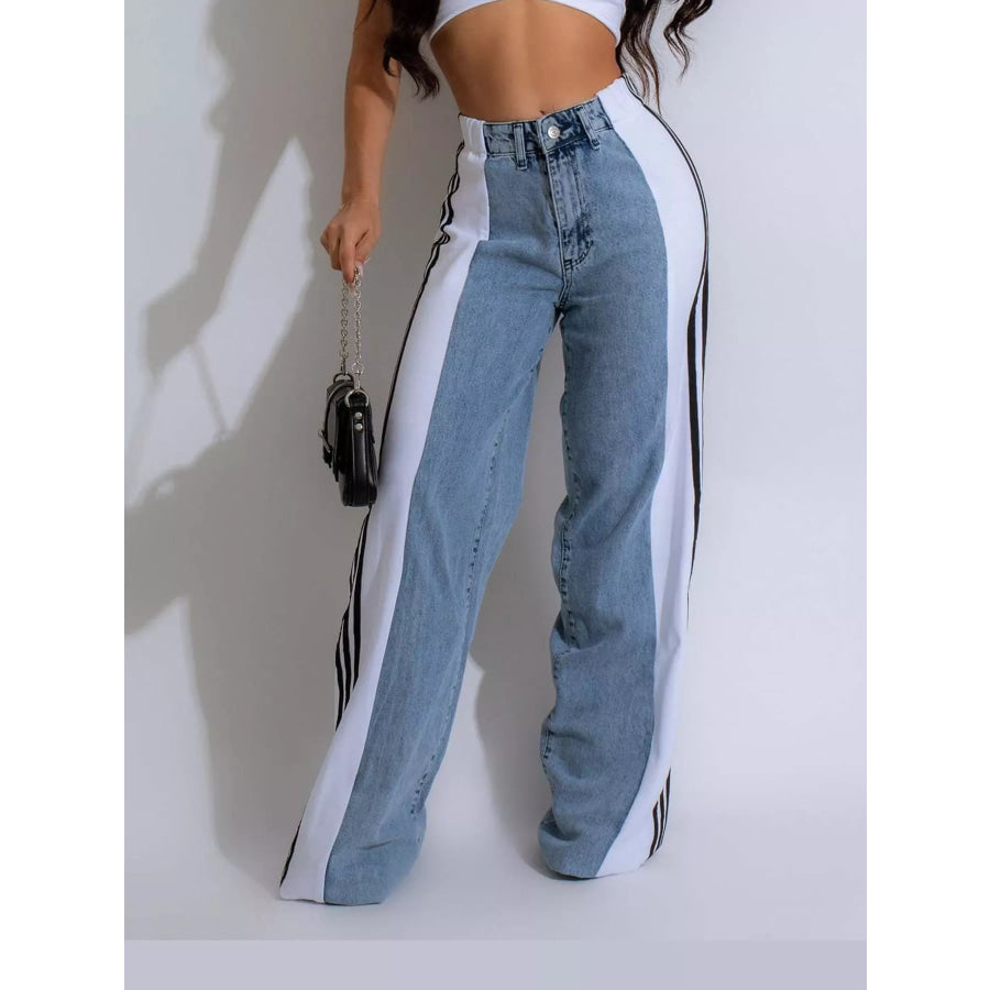 High-Waisted Wide-Leg Jeans with Side Stripe Detail White / S Apparel and Accessories