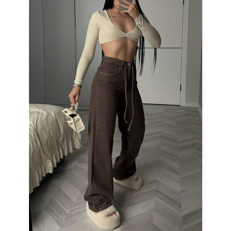 High-Waisted Wide-Leg Jeans with Tie-Waist Detail Brown / S Apparel and Accessories