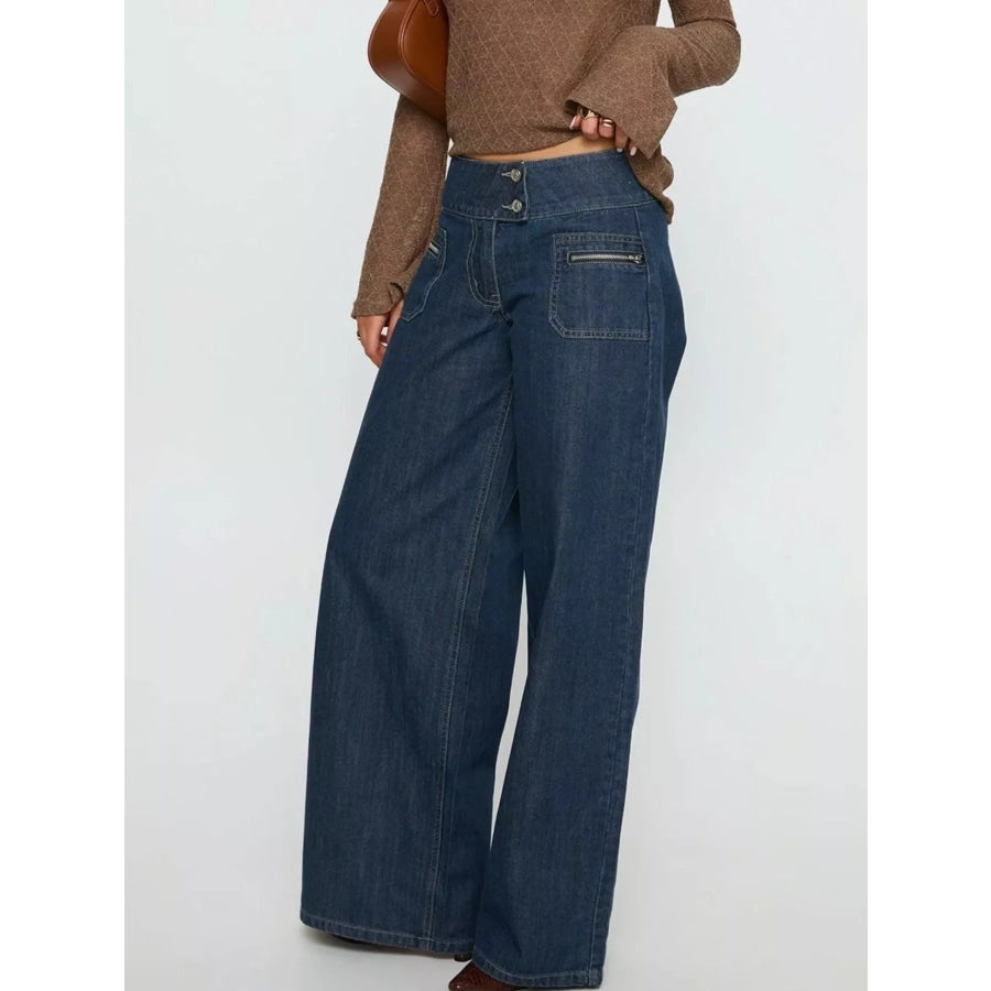 High-Waisted Wide-Leg Jeans with Zippered Pockets Apparel and Accessories