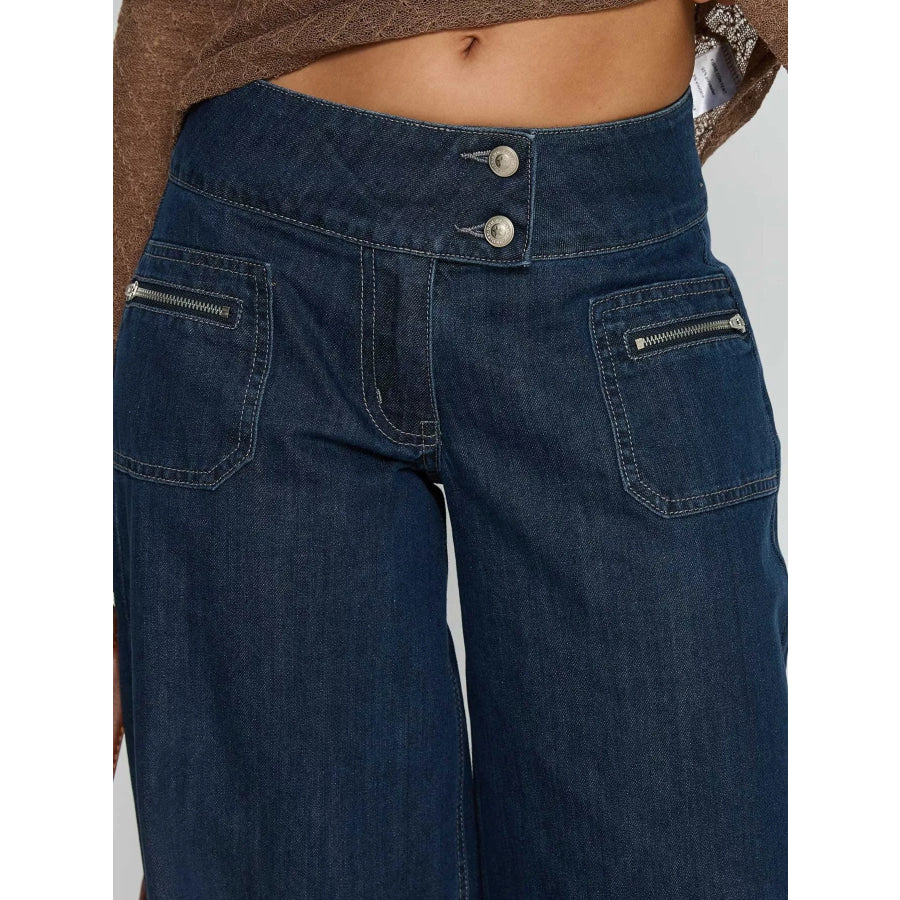 High-Waisted Wide-Leg Jeans with Zippered Pockets Apparel and Accessories