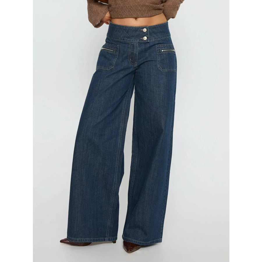 High-Waisted Wide-Leg Jeans with Zippered Pockets Dark Blue / S Apparel and Accessories