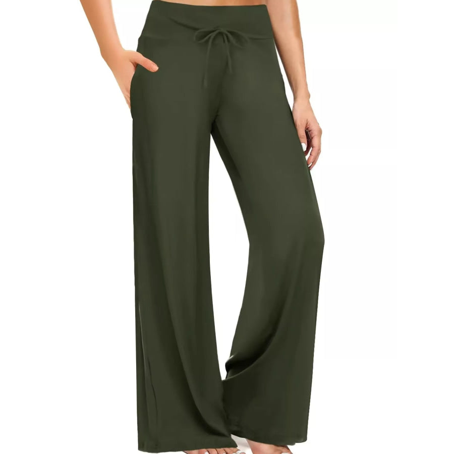 High-Waisted Wide-Leg Lounge Bottoms with Pockets Army Green / S Apparel and Accessories