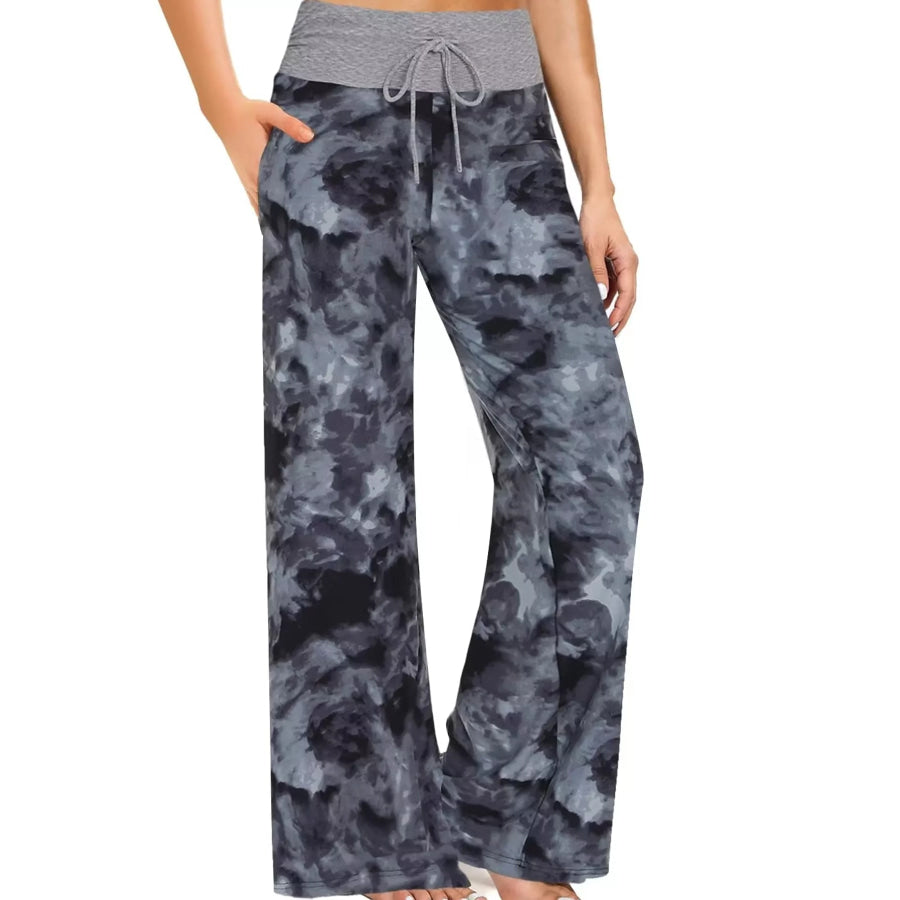 High-Waisted Wide-Leg Lounge Bottoms with Pockets Black - Contrast Tie-Dye / S Apparel and Accessories