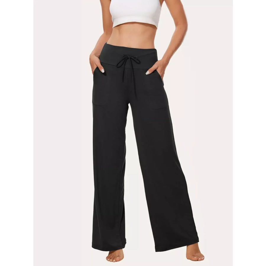 High-Waisted Wide-Leg Lounge Bottoms with Pockets Black / S Apparel and Accessories