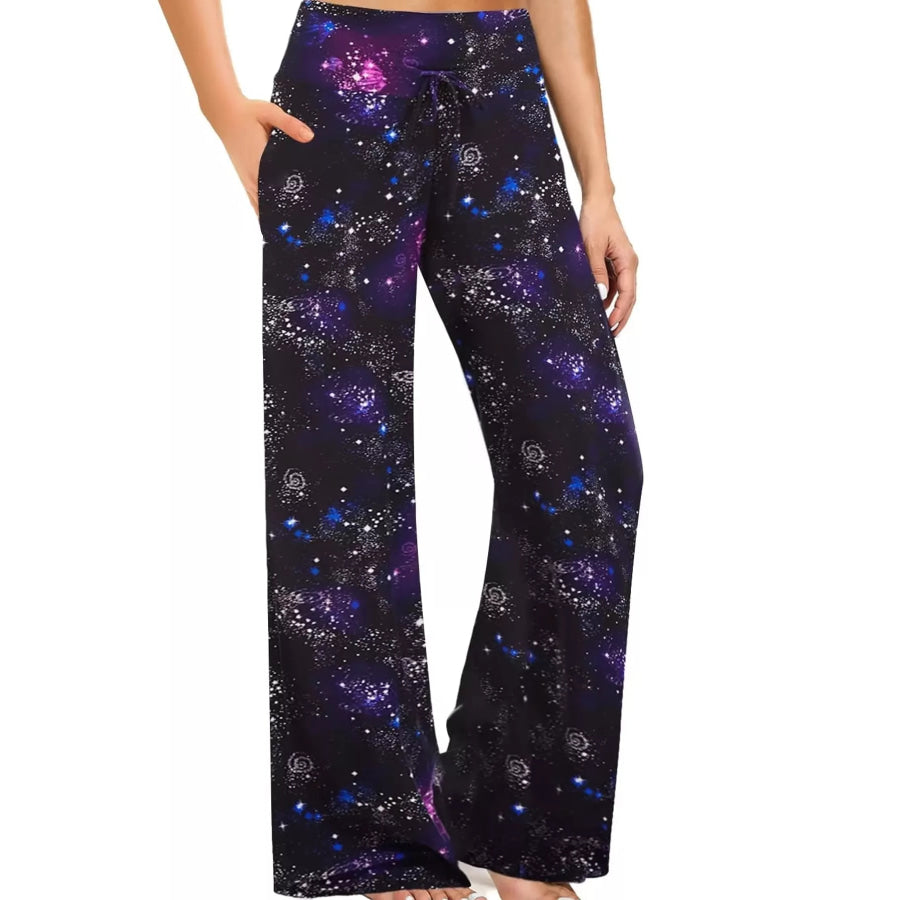 High-Waisted Wide-Leg Lounge Bottoms with Pockets Blue And Purple - Starry Sky Print / S Apparel Accessories