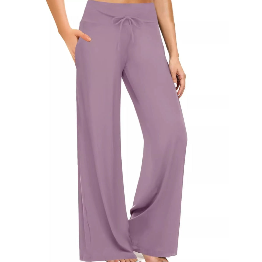 High-Waisted Wide-Leg Lounge Bottoms with Pockets Medium Dusty Rose / S Apparel and Accessories