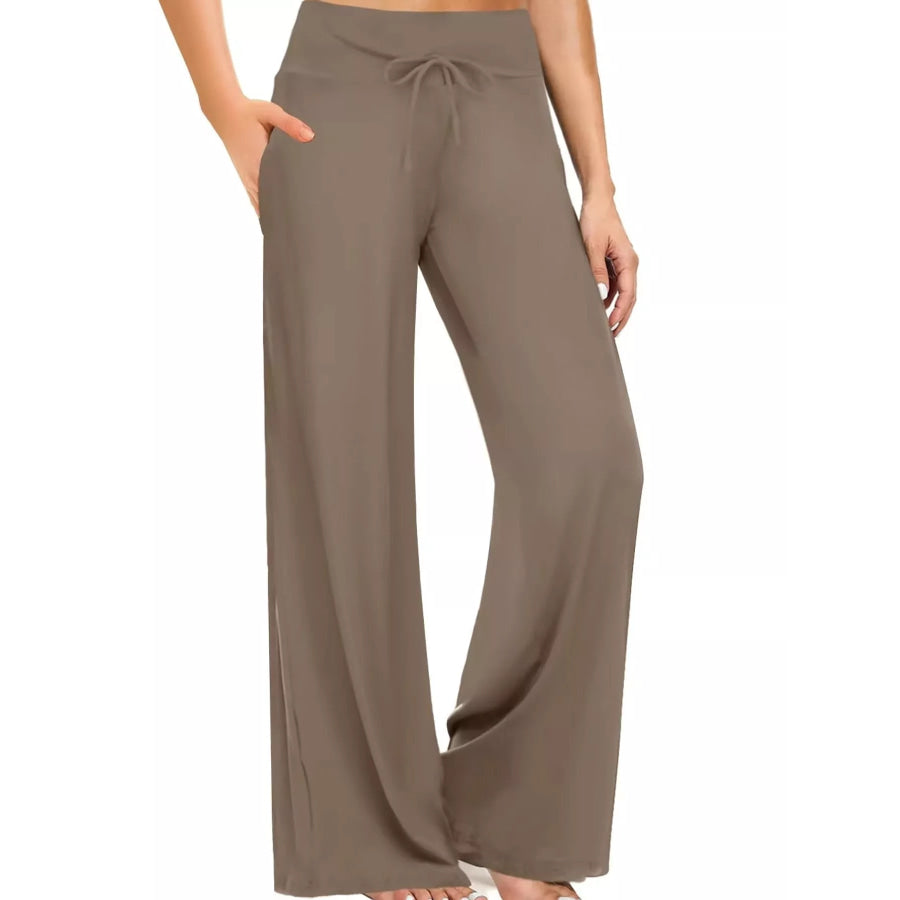 High-Waisted Wide-Leg Lounge Bottoms with Pockets Mocha / S Apparel and Accessories