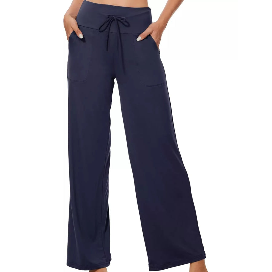 High-Waisted Wide-Leg Lounge Bottoms with Pockets Navy / S Apparel and Accessories