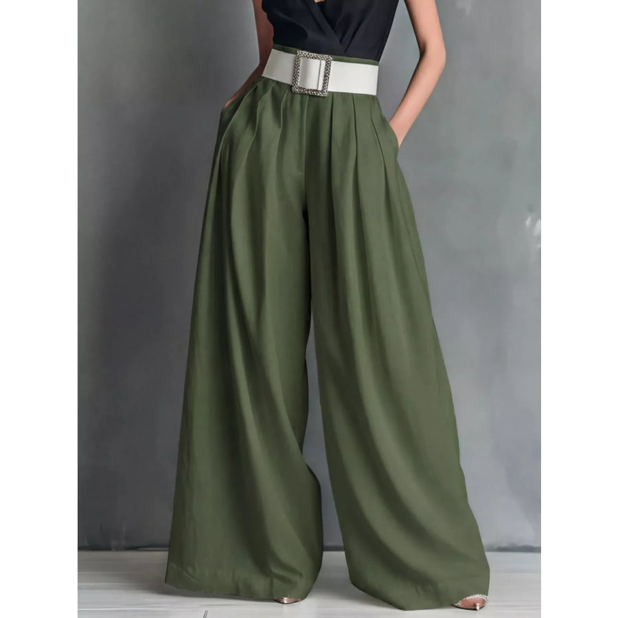 High-Waisted Wide-Leg Pants Army Green / S Apparel and Accessories