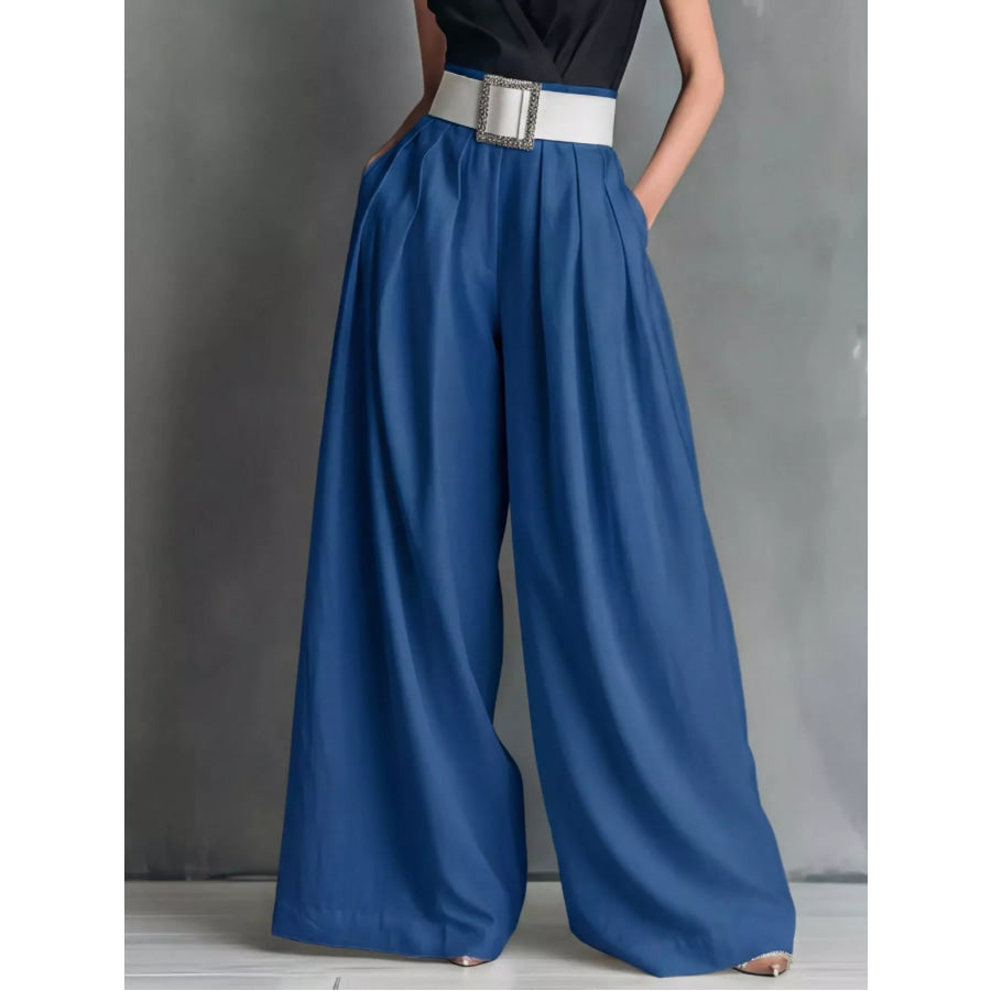 High-Waisted Wide-Leg Pants Blue / S Apparel and Accessories